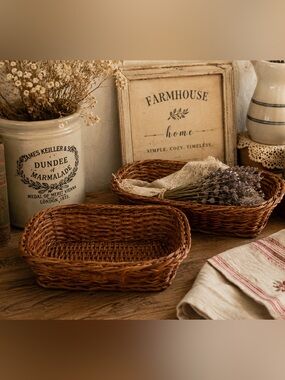 Vintage Wicker Bread Basket Set Rectangular Handwoven Rattan Serving Baskets